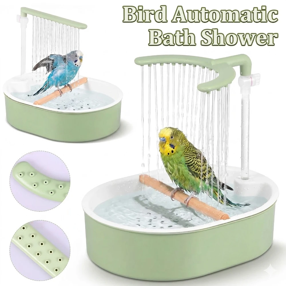 Bañera Automática para Loros con Flujo de Agua Ajustable, Ducha Eléctrica para Pájaros con Soporte de Madera, Accesorio para Jaulas de Aves, Suministros para Mascotas