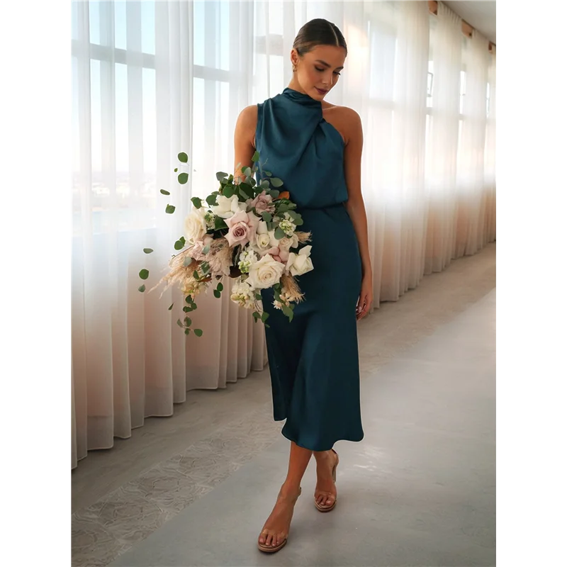 【】Damen-Sommer-Satinkleid 2025, elegant, ärmellos, Stehkragen, Cocktailparty, Maxikleider