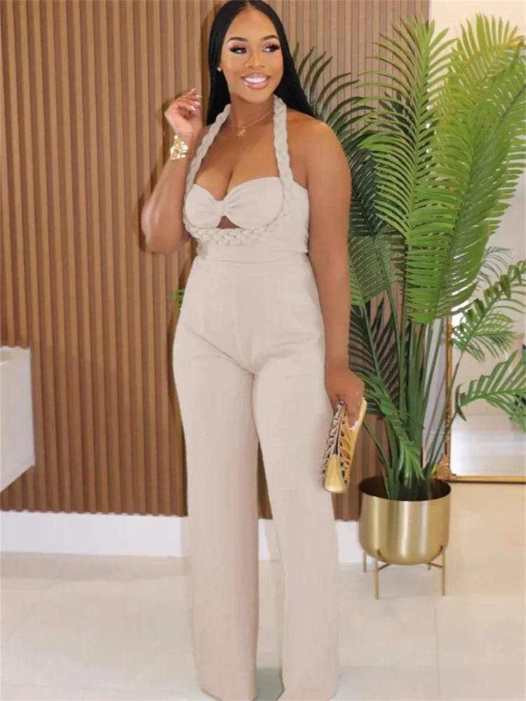 

Leosoxs Women Fashion Straight Jumpsuit Summer Trend Twist Bandage Halter Ruched Hollow Backless Sleeveless Classic Outfits
