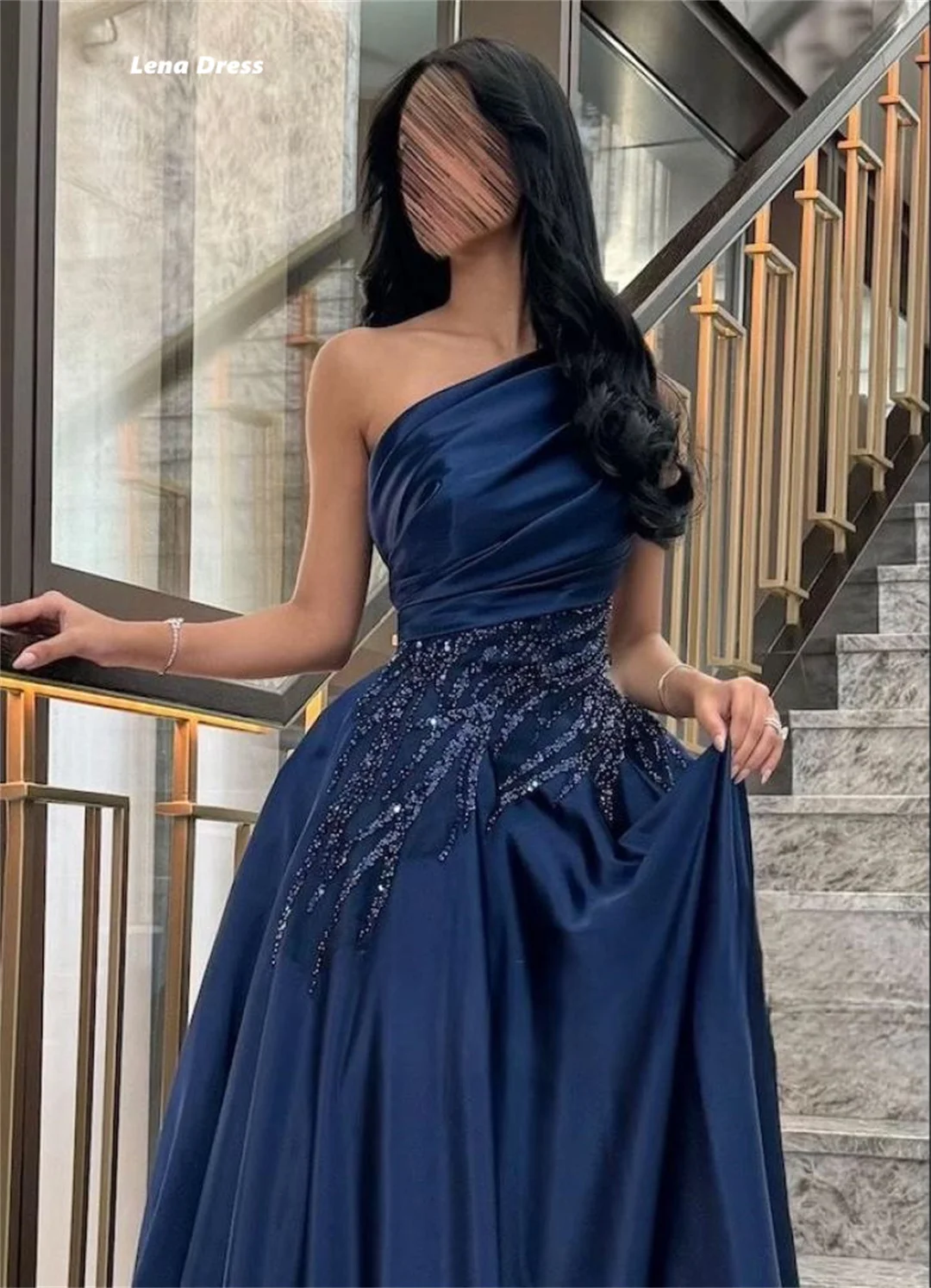 Lena Satin Luxurious Women's Evening Dresses for Special Occasions Sequins One Shoulder Custom Made Line A Elegant Party Dress