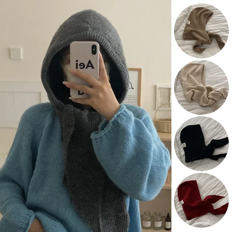 Winterwarme Woll-Strickmütze mit Falschem Schalkragen, Kapuzenpullover und Einteiligem Nackenwärmer für den Außeneinsatz bei Kälte – Detail 1