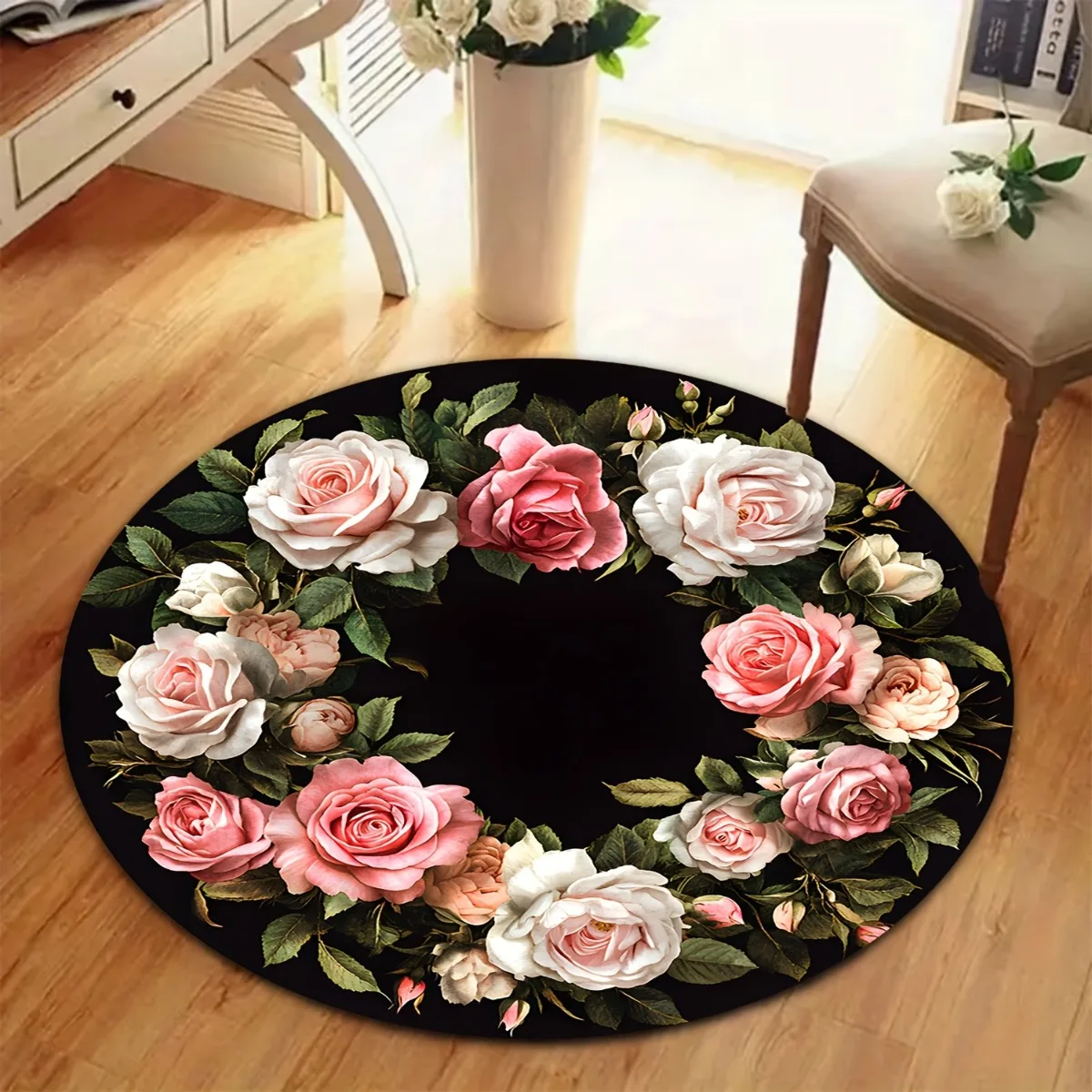 Vintage Pink White Rose Wreath Round Rug  Black Background Floral Leaf Circular Mat Farmhouse Bedroom Dresser Non Slip Carpet