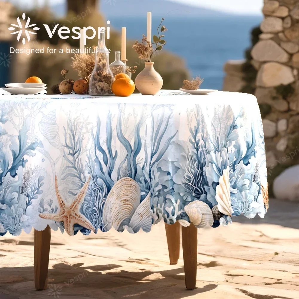 Ocean tablecloth, white and blue decorations, shells and starfish, seaside vacation, coastal style, yzb