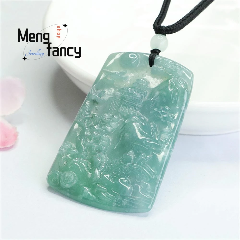 Natural A-goods Jadeite Pendant Blue Water Landscape Plaque Pendant Exquisite High-grade Luxury Fashion Jadeite Holiday Gifts