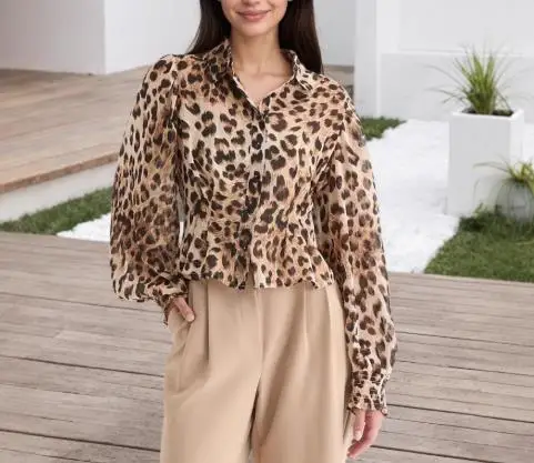 

Autumn Collar Leopard Print Long Sleeved Waist Cinched Shirt for Women with Fashionable Personality and Casual Temperament