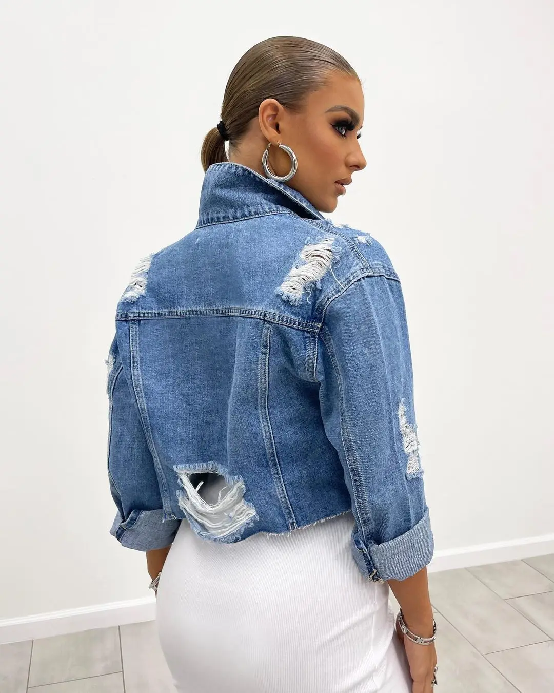 Women Denim Coat Short Coats Hole Turn Down Collar Jackets Single Breasted Y2k Streetwear Open Stitch Outerwear Spring Casual