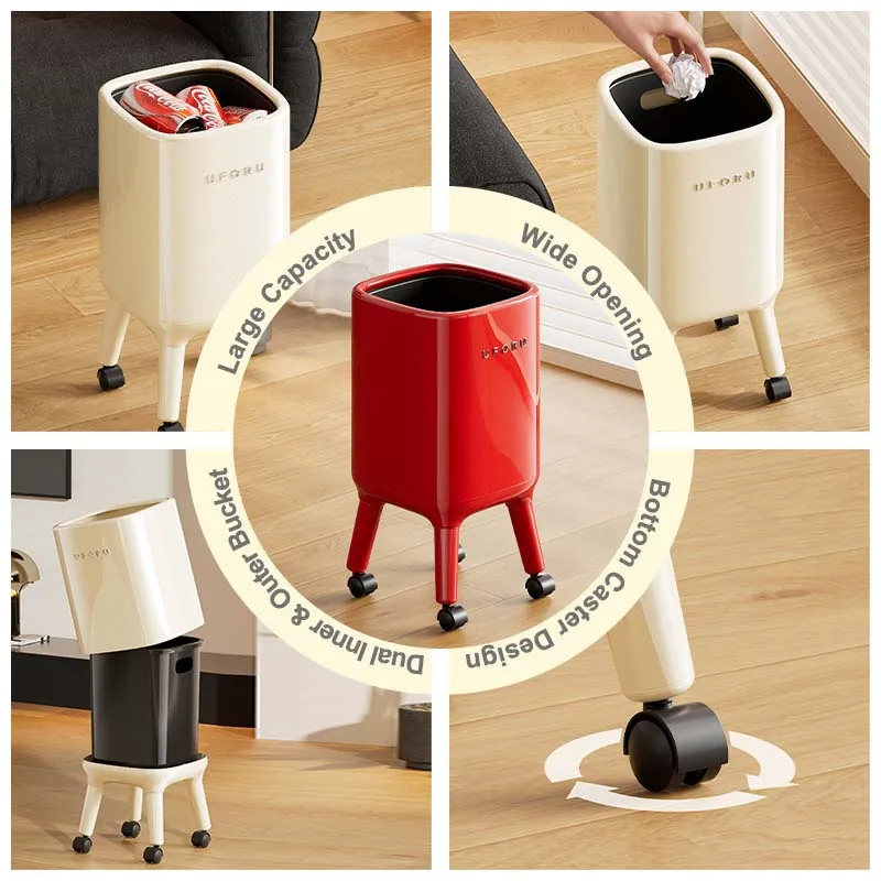 UFORU Rolling High Leg Waste Bin with Universal Casters Elevated Design Square Open Trash Can for Home Kitchen Office