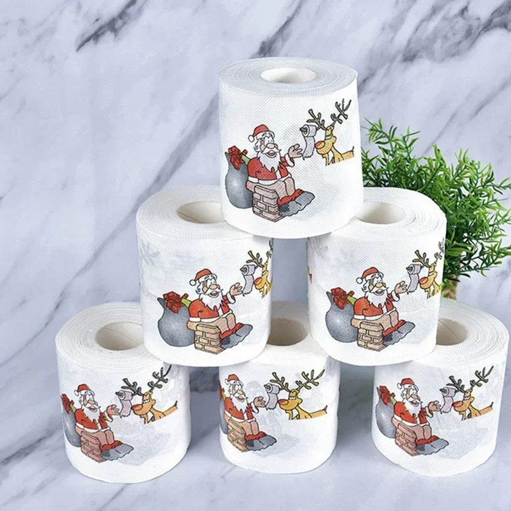 Christmas Pattern Series Roll Paper Prints Funny Toilet Paper Supply Delicate Santa Pattern Design Suitable For Home And Cafe
