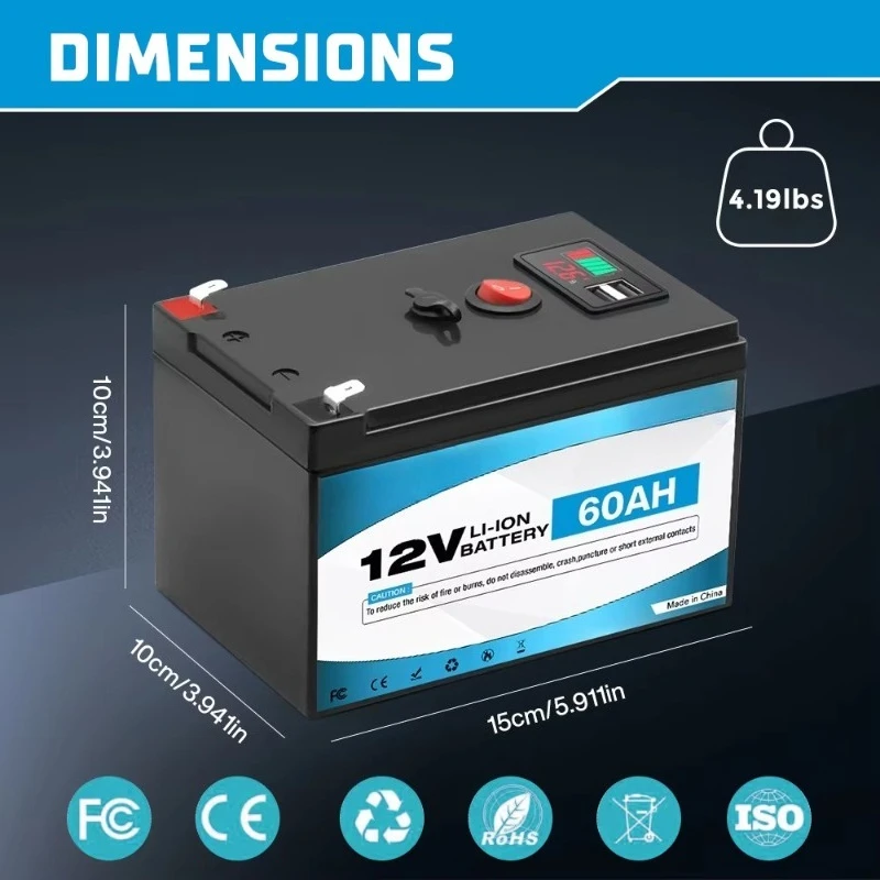 12V 60Ah Lithium Battery With Digital Display Dual USB Output Special For Outdoor Camping Emergency Backup Power Stable Output
