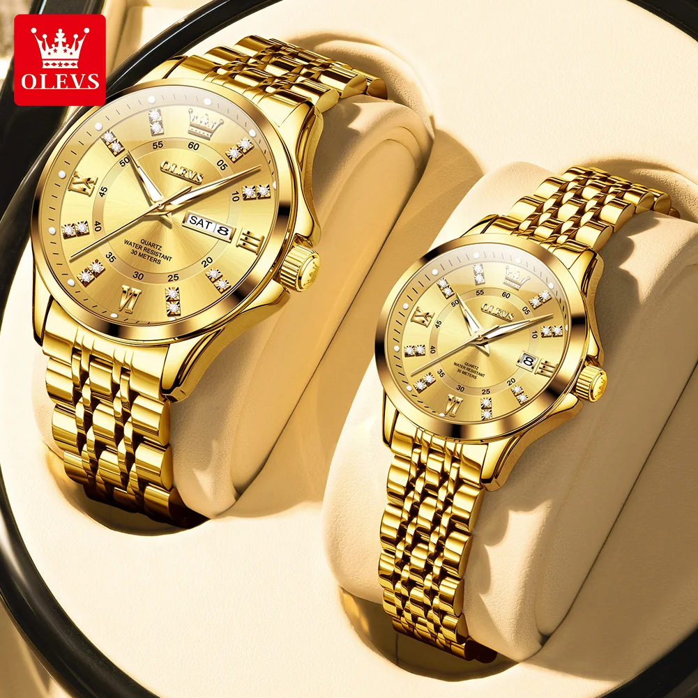 OLEVS Luxury Golden Stainless Steel Quartz Watches for Couple Luminous Hands Calendar Waterproof Business Lover's Watch Couples