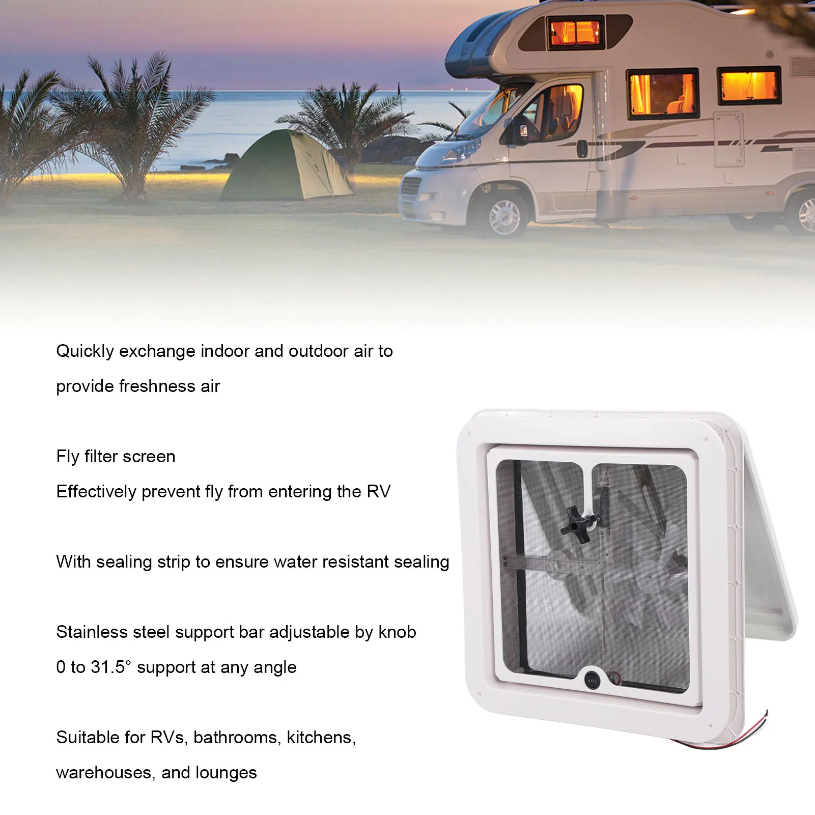 فتحة تهوية سقف RV مقاس 13.39 × 13.39 مع شاشة طيران وقضيب داعم ومروحة تهوية سقف متنقلة مقاومة للماء #3