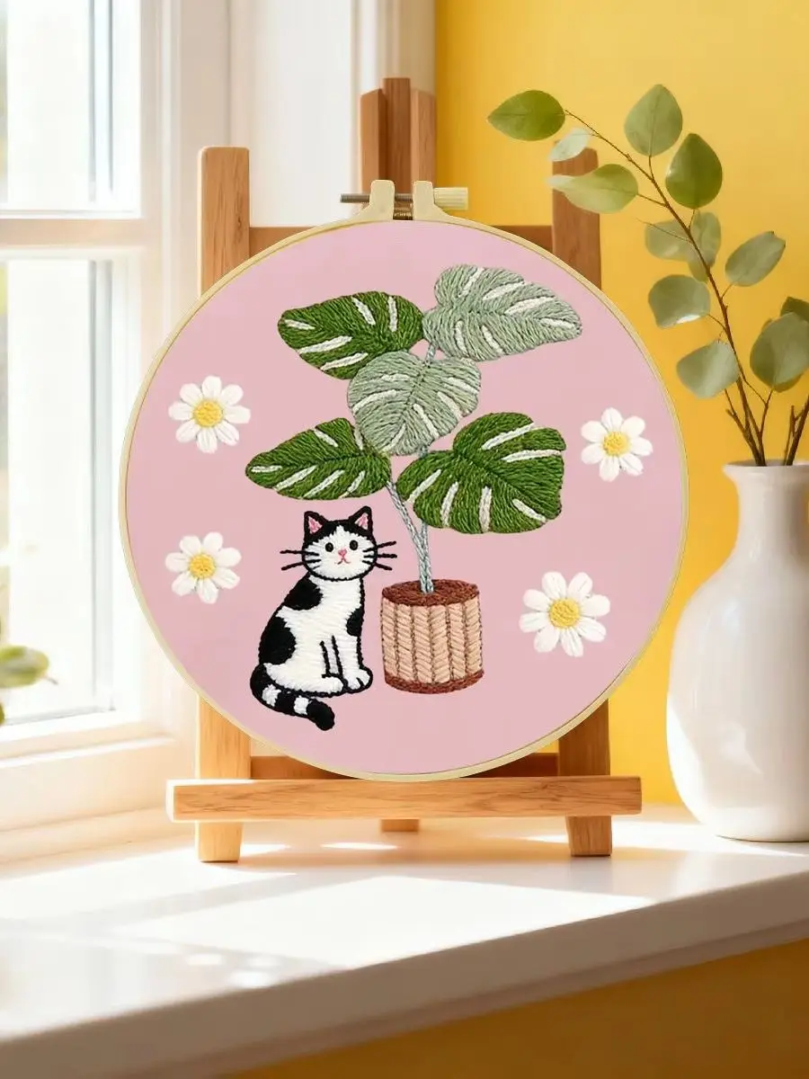 1 Stück 20X20CM/15X15CM 7,87/6,3 Zoll Die Katze im Topf Stickerei Starter-Kit DIY-Kit DIY-Stickerei-Set Handarbeiten – Detail 6