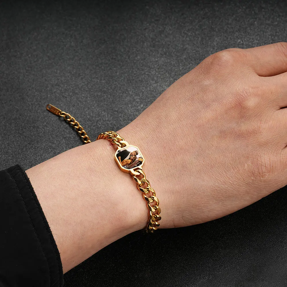 Stainless Steel Octagonal Photo Bracelet Custom Picture Cuban Chain Temperature Sensing Color Changing DIY Couple Jewelry