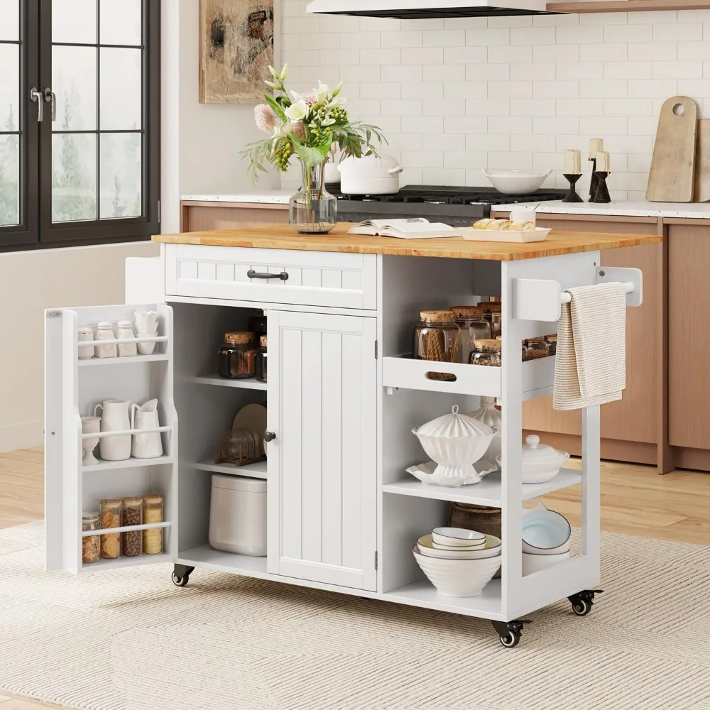 Rolling Kitchen Island with Rubberwood Top and Narrow Butcher Block Surface on Wheels for Storage