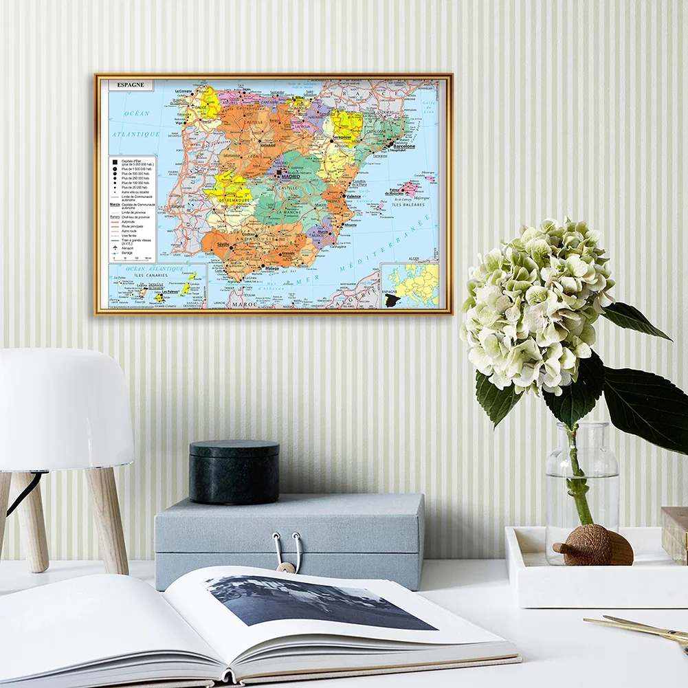 59*42cm The Spain Political Transportation Map In French Wall Art Poster Canvas Painting Travel School Supplies Home Decoration