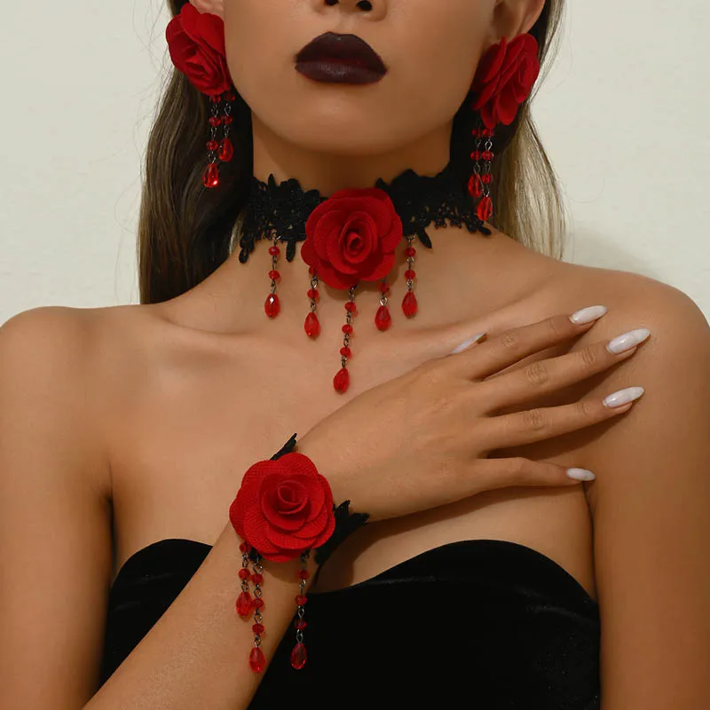 Red & Black Sexy Lace Choker Necklace with Rose Flower Beads Tassels for Women Fashion Clavicle Jewelry Accessory Girl Gift