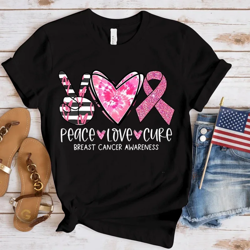 New Peace Love Hope Breast Cancer Awareness T-Shirt Women Streetwear Tee Shirt  Tops