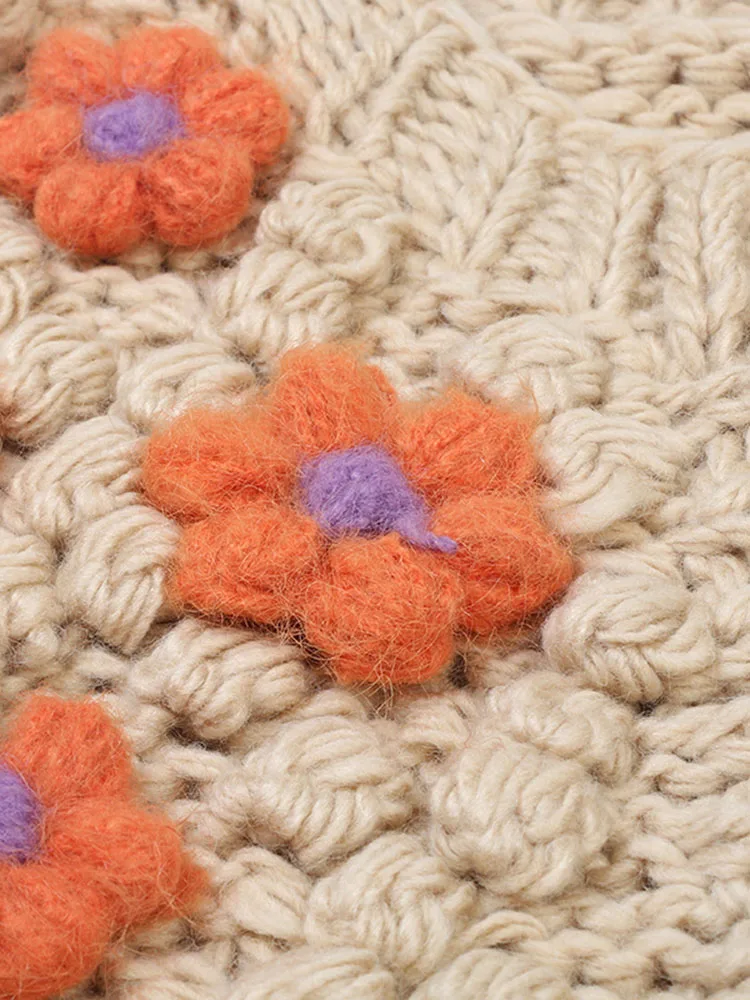 2024 Autumn And Winter Sweater Hand-crocheted Thick Stick Needle Cute Flower Fur Ball Sweet Knitted Coat Sweater Cardigan  C-272