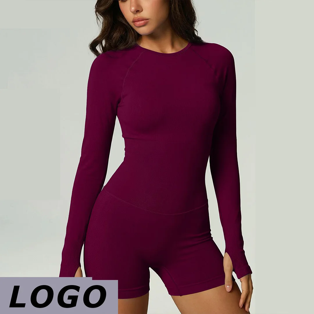 DF LOGO Women Seamless Workout Jumpsuit Long Sleeve High Elastic Tummy Control Quick Dry Breathable Gym Yoga Running Fitness