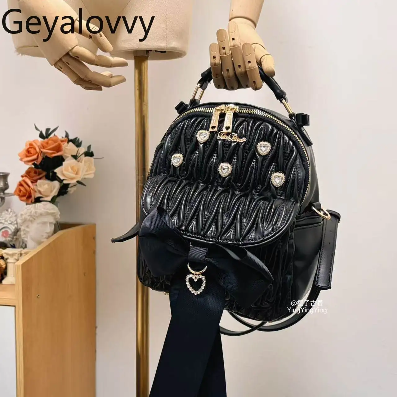 

Japanese Style Lolita Backpacks Heart Rhinestone Big Bowknot Ruched Cute Sweet Casual Backpack Double Shoulder Bag for Women