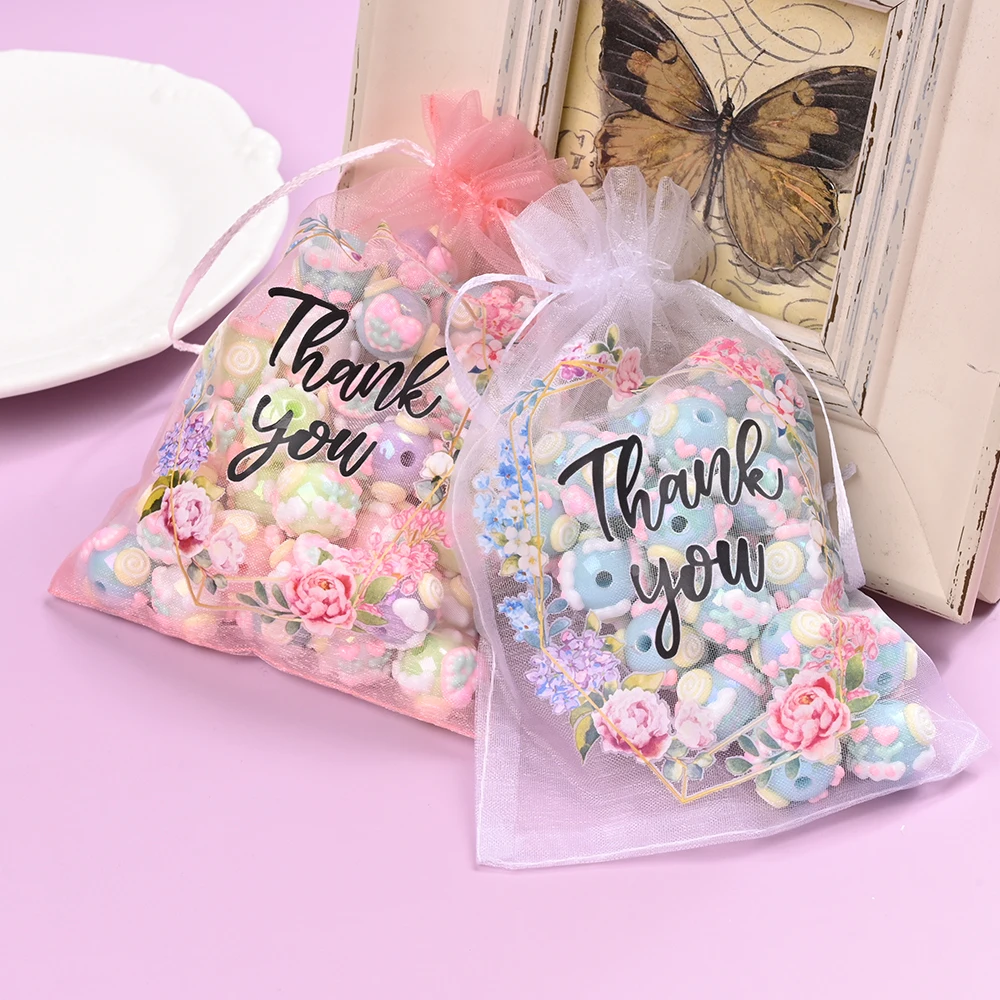 10 Stück Durchsichtige Organza-Geschenktüten mit Kordelzug "Danke" Blumendruck Schmuck-Aufbewahrungstaschen für Hochzeitsfeier-Aufbewahrung – Detail 3