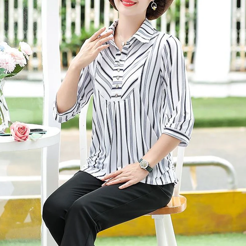 Summer New POLO Collar Fashion Three Quarter Blouse Women Elegant Casual Loose Pullovers Button Patchwork Striped Printing Tops