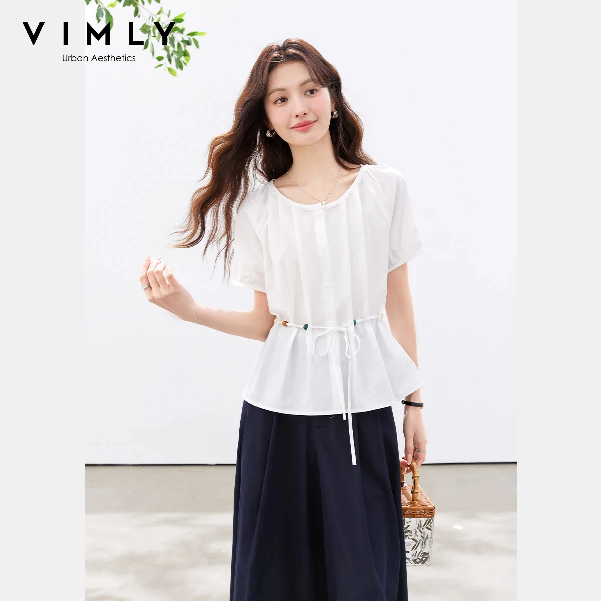 

VIMLY Casual White 100% Cotton Blouse Women Lace Crew Neck Pleated Color Contrast Beaded Tie Waist Puff Short Sleeve Shirt 30908