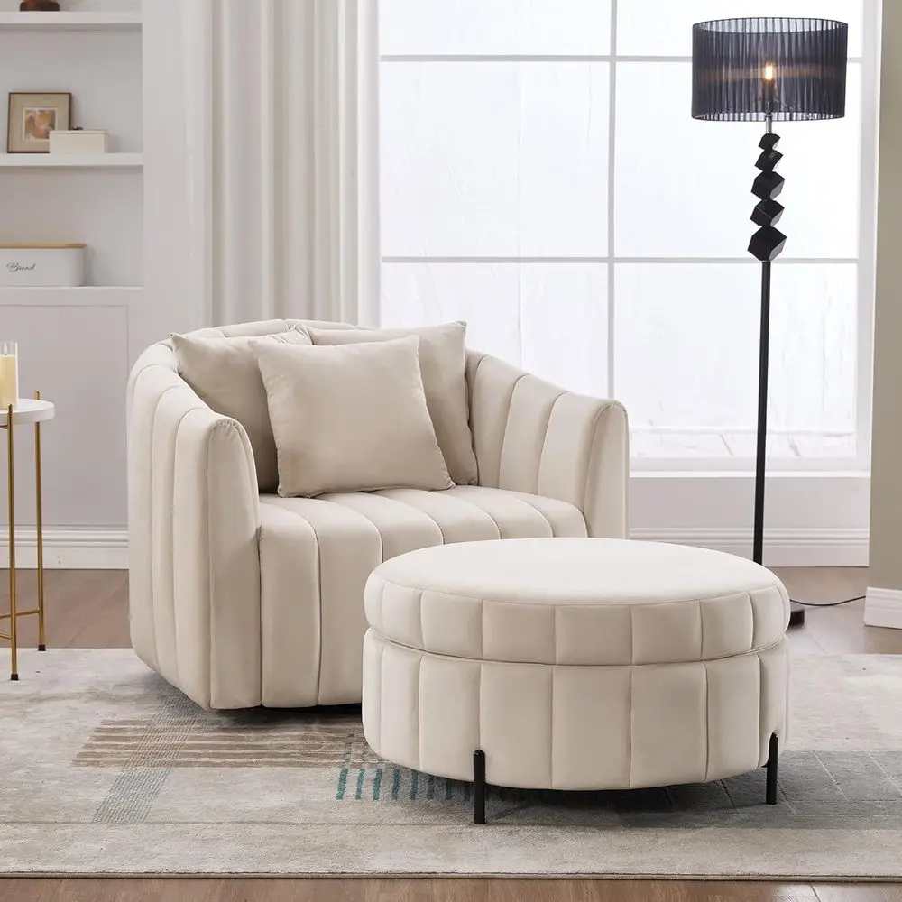 

Pumpkin-Inspired Velvet Swivel Chair with Storage Ottoman and 3 Pillows, Beige Living Room Accent