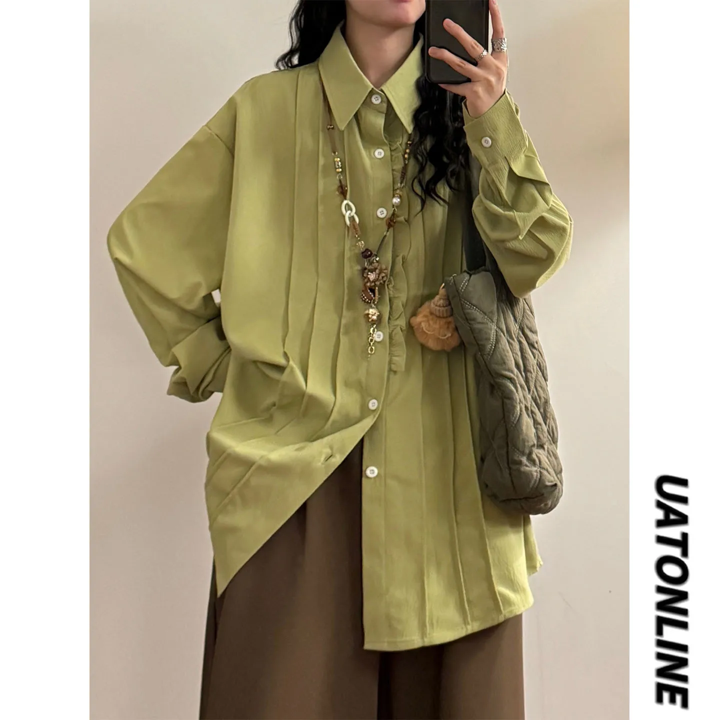 

UATONLINE2026 Весенняя женская рубашка в американском ретро-стиле, асимметричный дизайн, свободный крой, повседневная, из хлопка