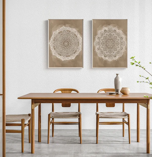 Mandala Boho Wall Art Canvas Painting Poster Print Brown for Rustic Bedroom Office Home Decor Pictures Bathroom Geometry
