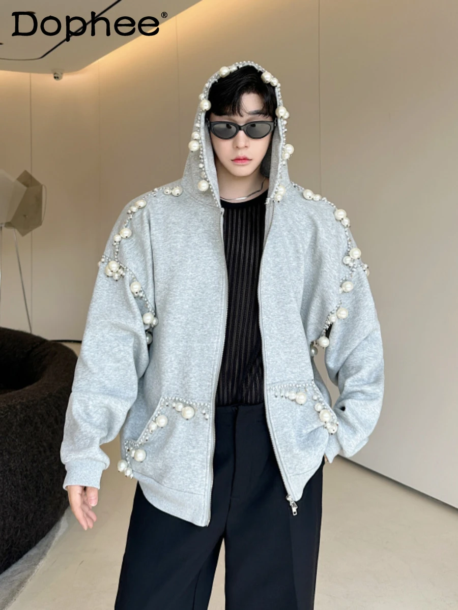 

High-end Male Handmade Pearl Decorative Hooded Sweatshirts Men's Versatile Loose Casual Solid Color Long-sleeve Hoodies Jackets