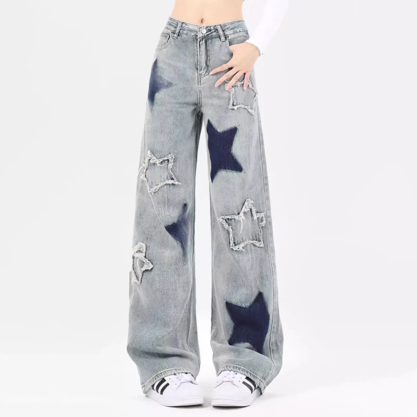 Women'S Vintage Blue High Waist Star Jeans Korean Y2k 90s Aesthetic Baggy Denim Trouser Streetwear 2000s Wide Leg Pants Clothes