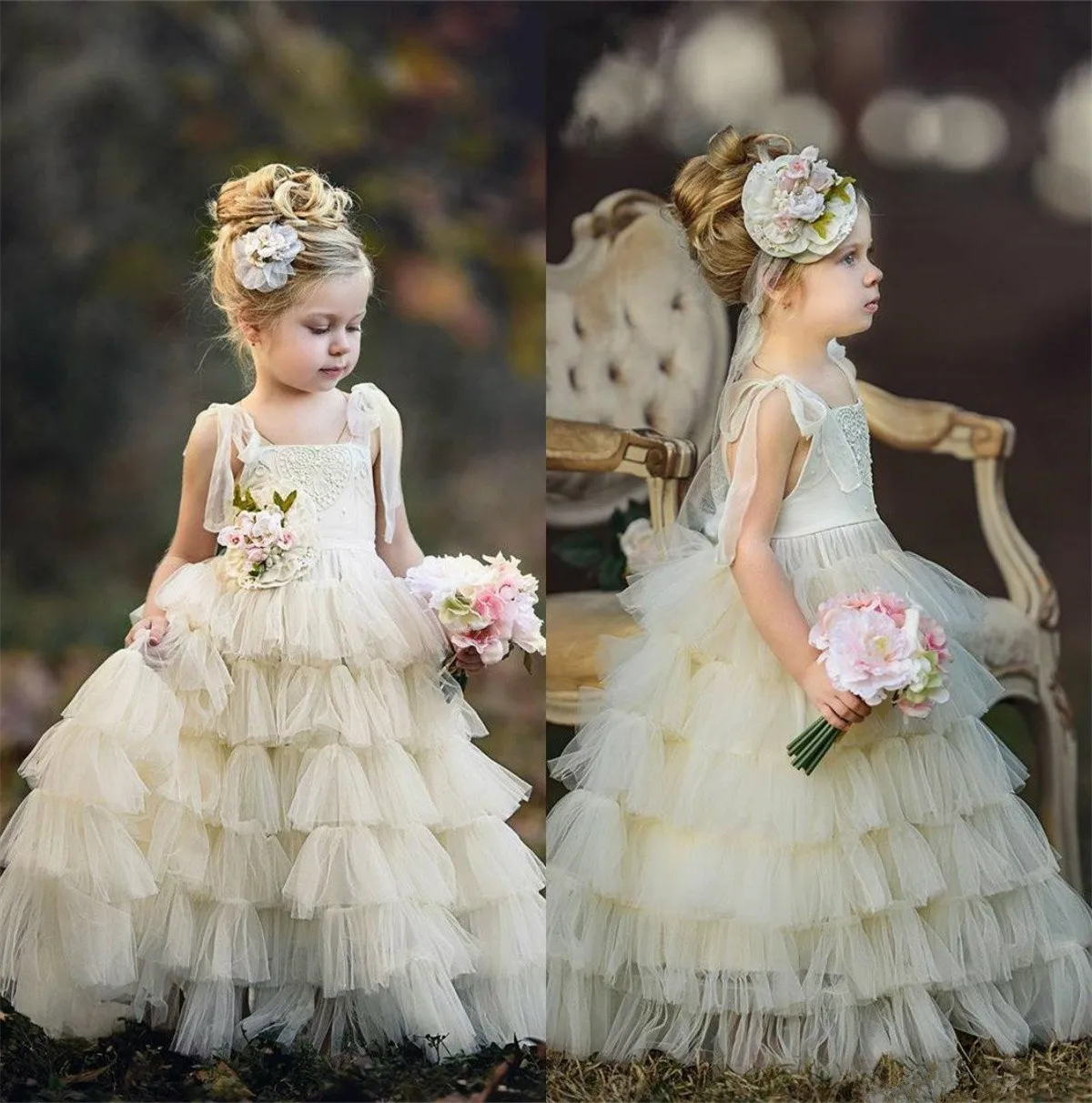 

Elegant Flower Girl Dress For Wedding Tulle Puffy Layered Applique Sleeveless Child First Eucharistic Birthday Party Dresses