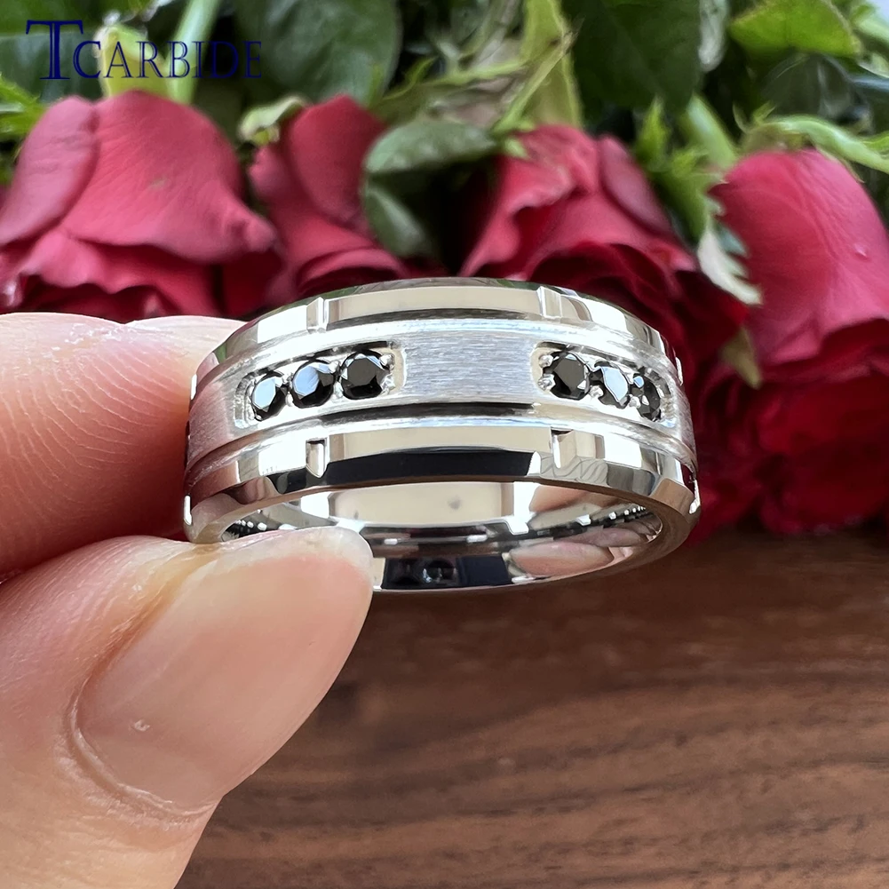 Dropshipping 8mm Cool Mens Wedding Band Women Tungsten Steel Combination Ring Black CZ Stone Inlay Special Gift Jewelry