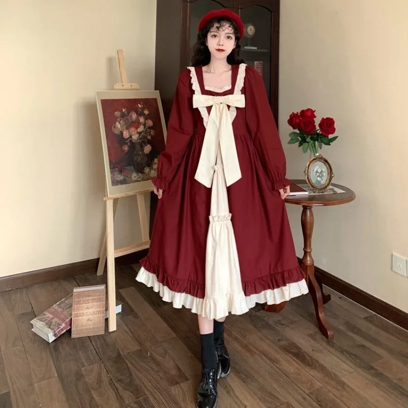 

French Vintage Puffy Dress Women Spring and Autumn New Sweet College Style Long Skirt Loose Casual Long Sleeve Dress Female