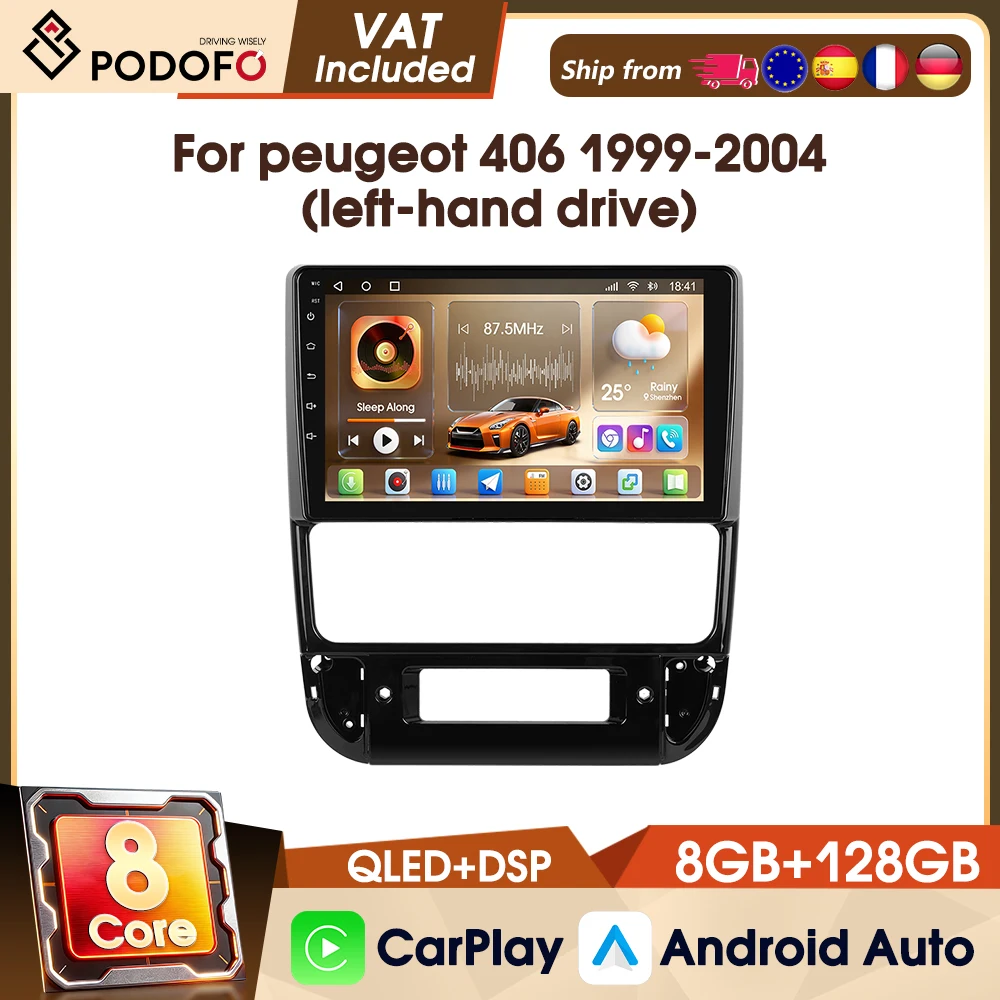 Podofo 9" Android 4G 8-Core 8+128G 2Din Autoradio für Peugeot 406 1999-2004, Auto-Multimedia-Videoplayer, WIFI, GPS-Navigation, FM, RDS, IPS-Bildschirm