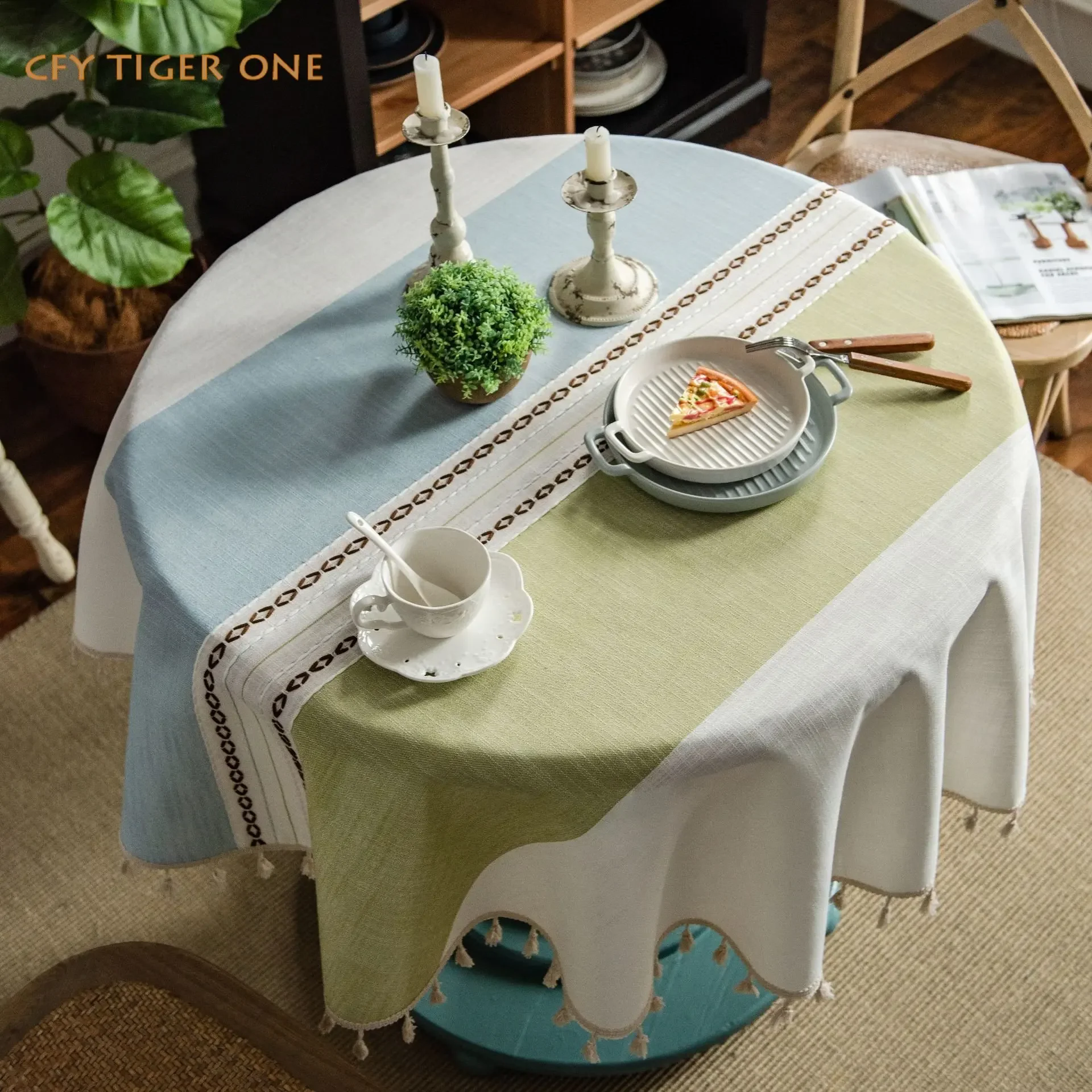 

Cotton Linen Japanese Jacquard Stripe Round Tablecloth Tassel Tablecloth Able Tea Round Table Map Table Cover Dining Room