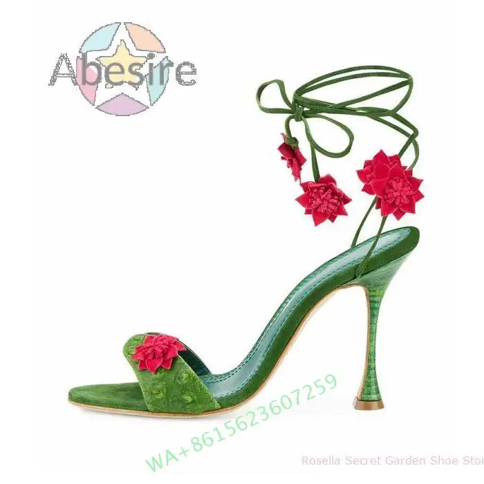 Green Ankle Straps 2024 New Women's Foot Ring Wrapped Petal Stiletto Sandals Female Summer Sexy Dress Modern Sandals High Heels