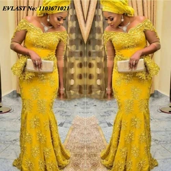 EVLAST Customized Gold Aso Ebi Prom Dress Lace Mermaid Plus Size Evening Dress African Women Special Party Gowns P156