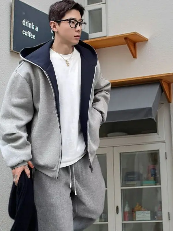 

Мужская толстовка на весну-осень, плотная, модная, в американском ретро-стиле, свободного кроя, для пар, в стиле High Street, с цветными блоками, повседневная верхняя одежда