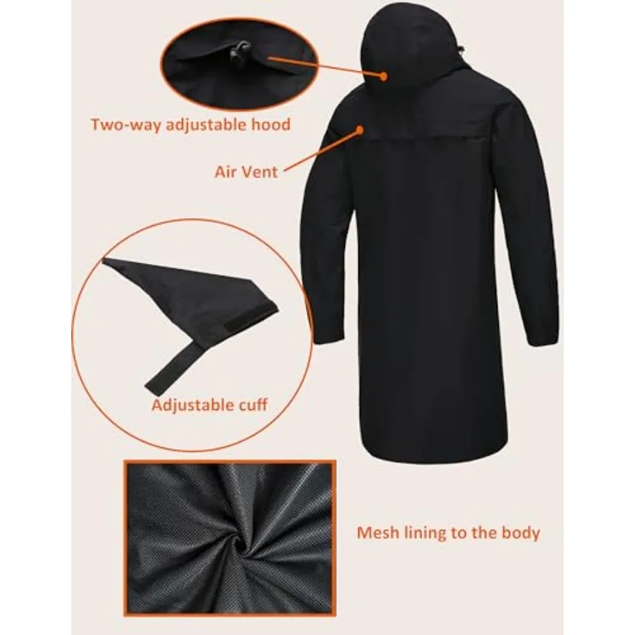 NORDIC OUTLAND Rain Jacket Men, Waterproof Breathable Long Raincoat with Hood Mesh Lining, Windbreaker for outdoor activities view 3