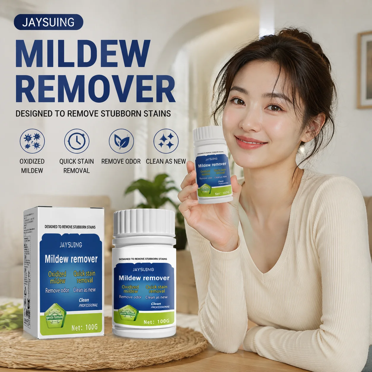 Jaysuing Mildew Remover Powder Remove Stubborn Mildew Eliminate Mildew Odor Dissolve Oxidized Mold Household Mildew Cleaner 100g