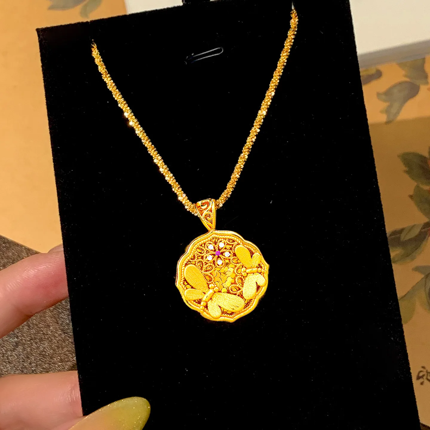 

Luxury 24K 9999 Pure Gold real gold Women's Diamond Crushed Ice Dragonfly Pendant Necklace