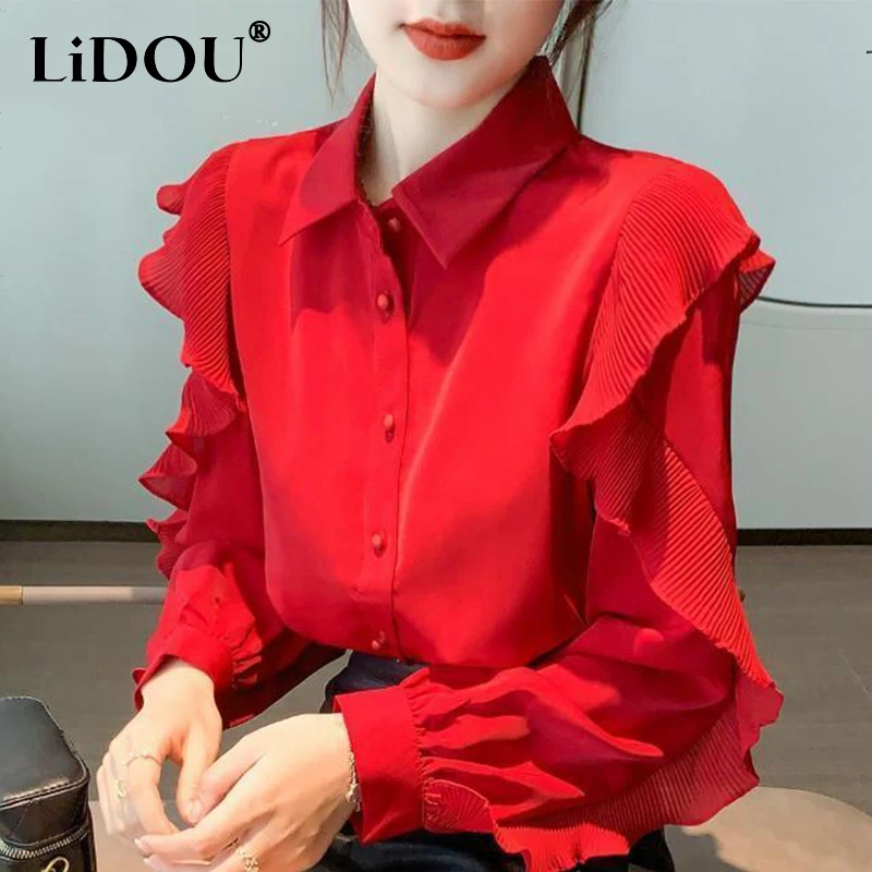 2022 Spring Autumn Red Elegant Fashion Ruffles Long Sleeve Shirt Top Women Polo-neck Cardigan Temperament Blouse All-match Blusa