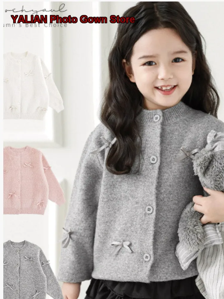 Youyou Girls Knit Cardigan Bow Tie Rope Spring Autumn Fluffy Soft Cotton Jacket