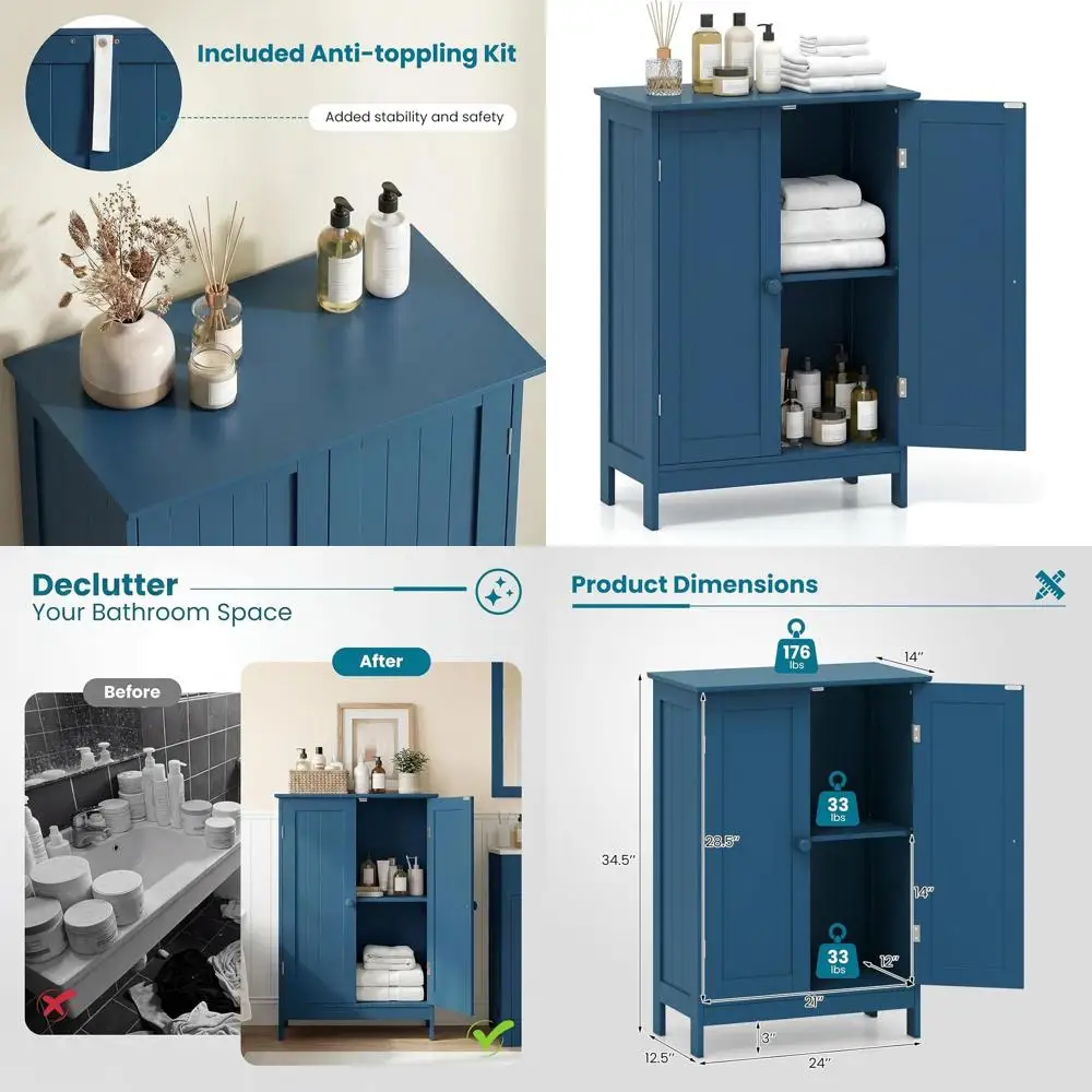 

Freestanding Wooden Floor Cabinet with Double Doors, Adjustable Shelves, Eastern Storage Organizers for Kitchen, Living Room, En