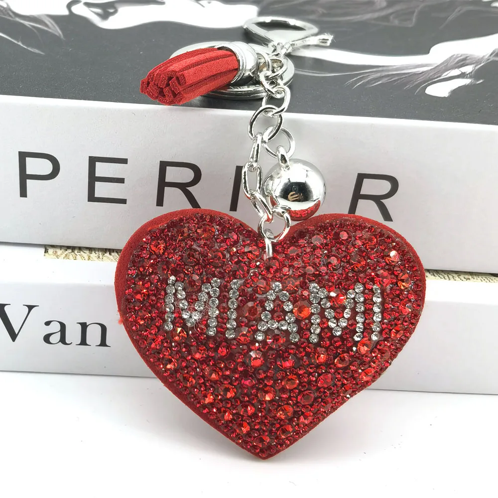 Miami Heart Keychain Leather Tassel Key Holder Metal Crystal Key Chain Keyring Charm Bag Auto Pendant Gift Wholesale Price