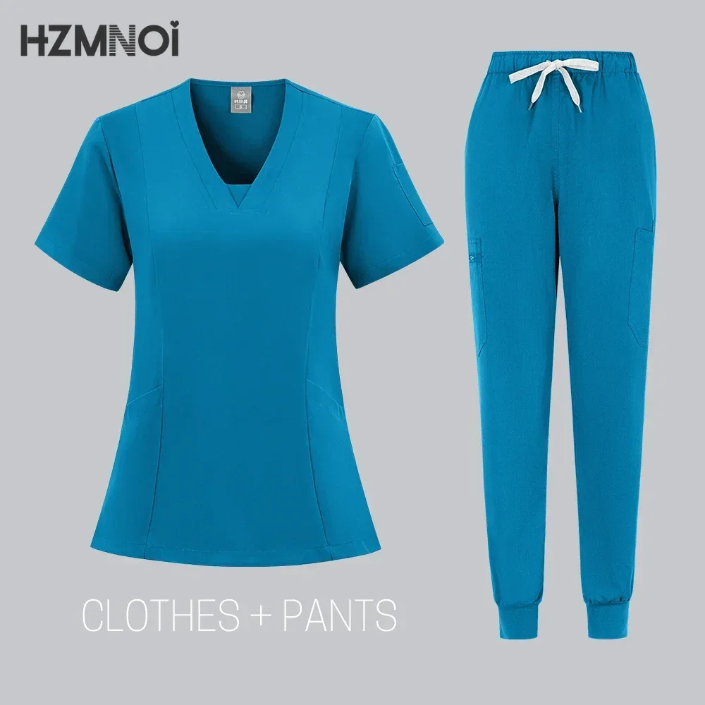 HZMNOI High-quality Nursing Scrubs Uniform Suit Short Sleeve V-neck Tops+Pants Sets Women Multicolor Pet Medical Workwear Nurse