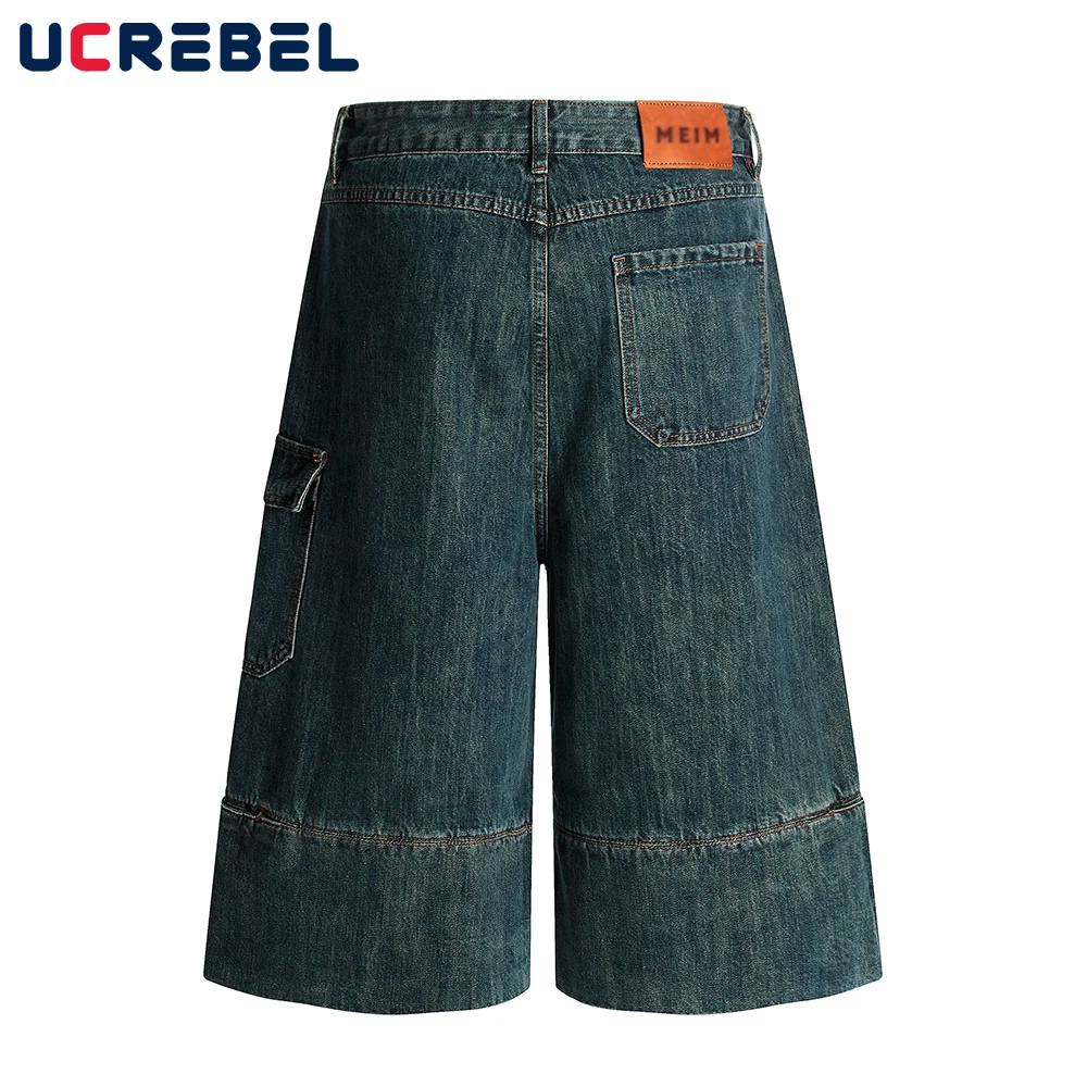 Bolso emendado denim shorts masculino rasgado lavado angustiado retro high street solto perna larga calças curtas
