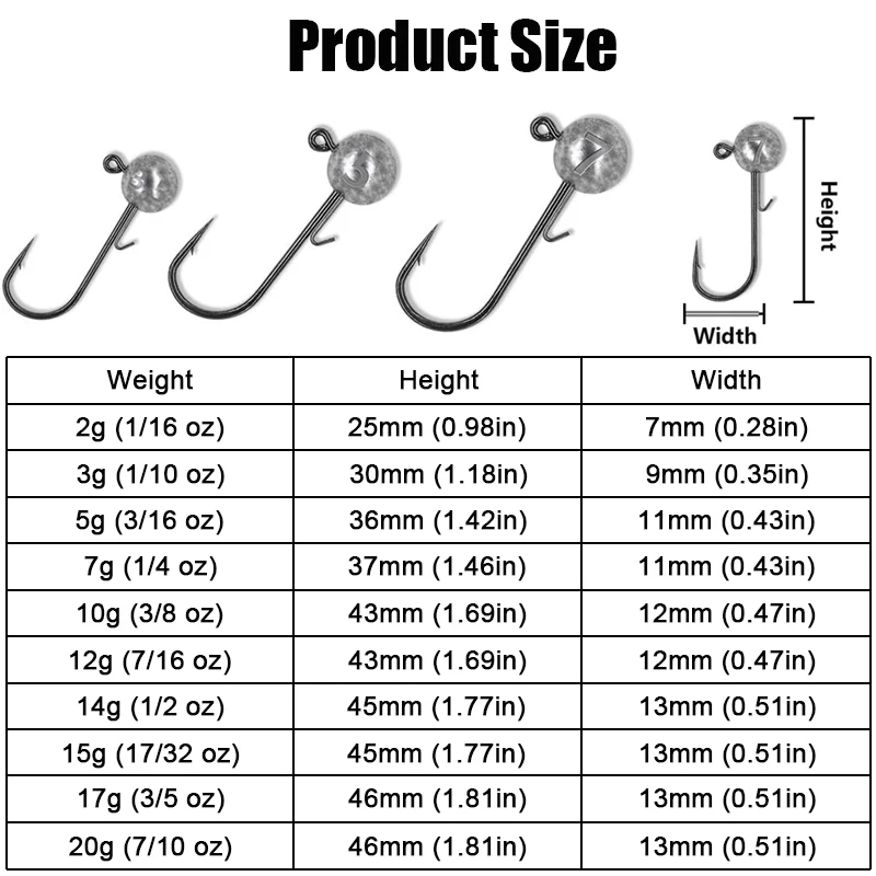 50pcs/lot Big Head Jigs Hook 2g-20g All size Round Ball Jig Head Hook Weedless Long Shank Jig Head For Soft Worm Fishing